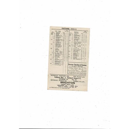 1944/45 Fulham v Brentford League South Cup Football Programme