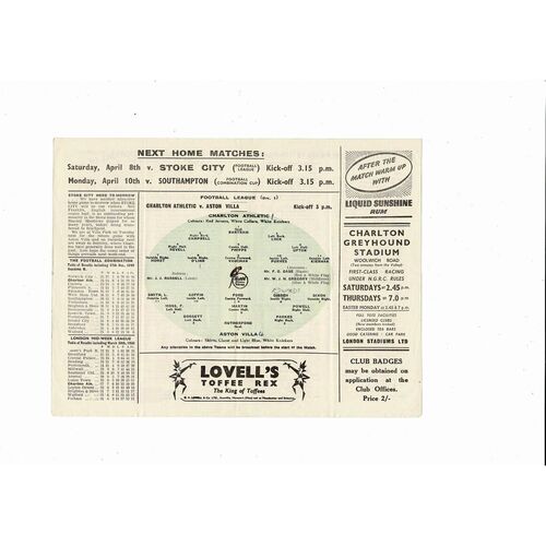 1948/49 Charlton Athletic v Aston Villa Football Programme