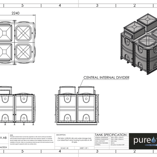 PW.2X2X1.5.IFB.DIV.AB(1+1) - 6000 LITRE DIVIDED SECTIONAL WATER TANK, INTERNALLY FLANGED BASE (IFB) C/W FVH
