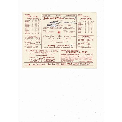 1956/57 Bexleyheath & Welling v Bromley FA Cup Football Programme