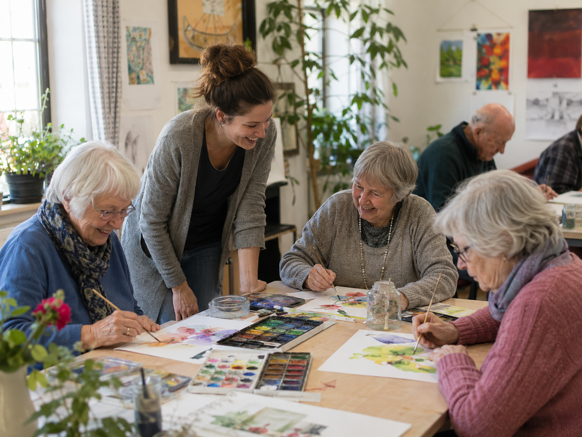 Older adults take part in a relaxed watercolour painting activity at a community day club, supported by a friendly member of staff in plain clothes.