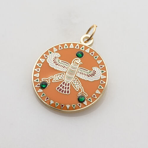 Round Pendant. The Persian Falcon. Deep Orange with 3 Green Stones.