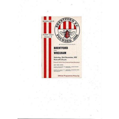 1972/73 Brentford v Wrexham Football Programme