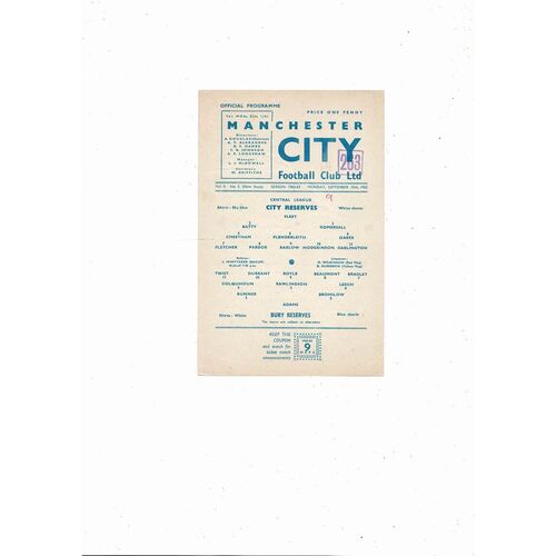 Manchester City v Bury Central League Football Programme 1962/63