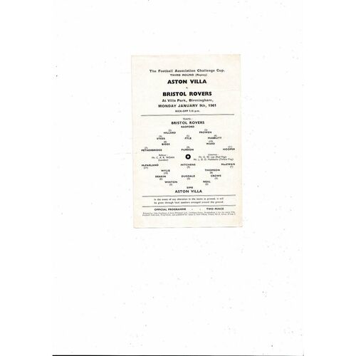 1960/61 Aston Villa v Bristol Rovers FA Cup Replay Football Programme