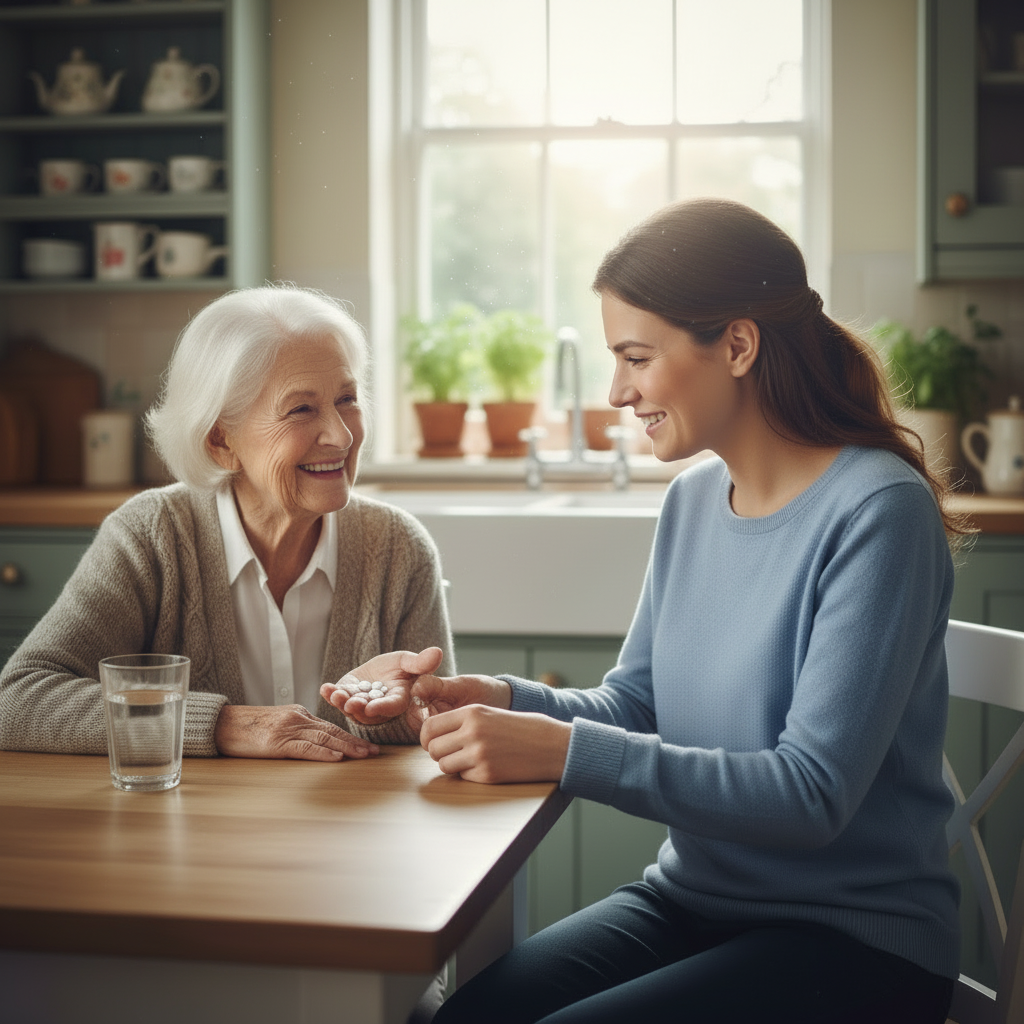 Older woman holding tablets in her hand at a kitchen table with a glass of water beside her, while a younger carer smiles and waits calmly, showing reassuring medication support at home in Bristol.