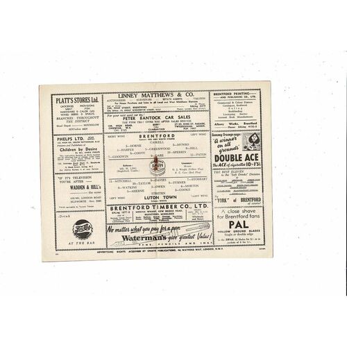 1951/52 Brentford v Luton Town FA Cup Replay Football Programme Feb 6th