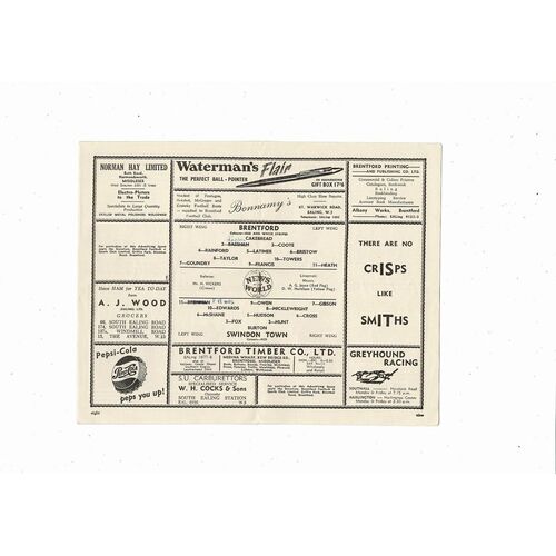 1955/56 Brentford v Swindon Town Football Programme