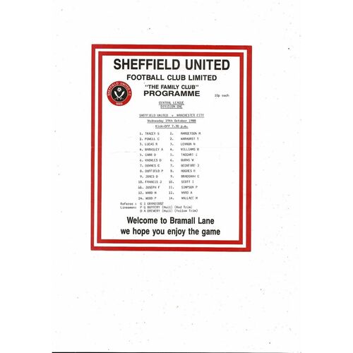 Sheffield United v Manchester City Central League Football Programme 1988/89