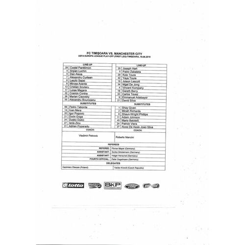 FC Timisoara v Manchester City Unofficial Europa League Play Off, 1st Leg Football Programme & Photocopied Team Sheet 2010/11