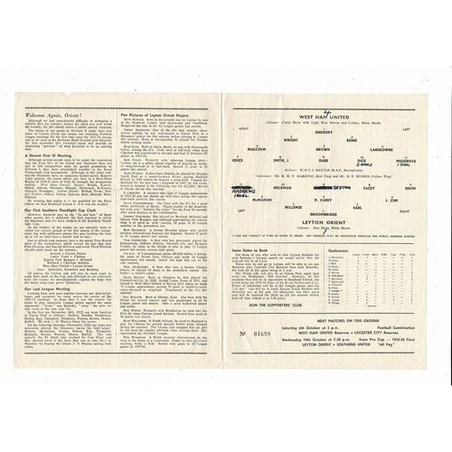 1956/57 West Ham United v Leyton Orient Southern Floodlight Cup Programme