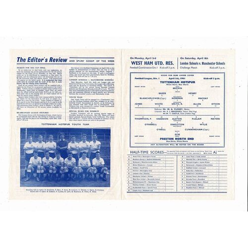 1960/61 Tottenham Hotspur v Preston Football Programme. Spurs double season