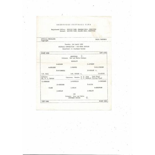 Brentford v Southend United Football Combination Programme 1961/62