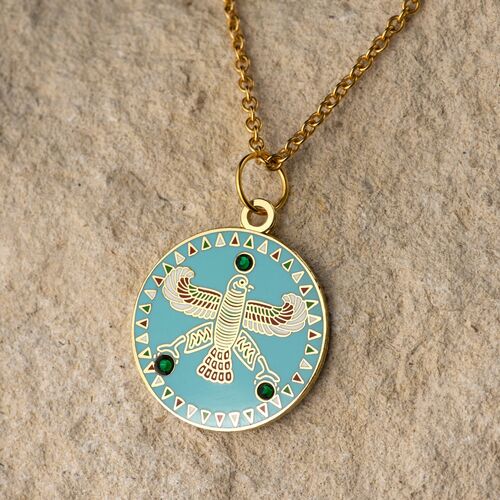 Round Pendant. The Persian Falcon.  Blue Turquoise with 3 Green Stones.