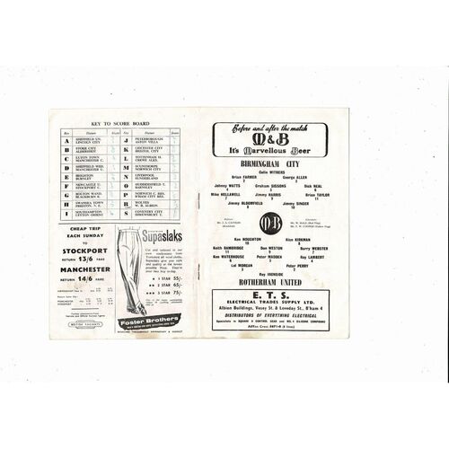 1960/61 Birmingham City v Rotherham United Football Programme