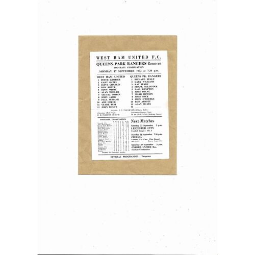West Ham United v Queens Park Rangers Football Combination Programme 1973/74