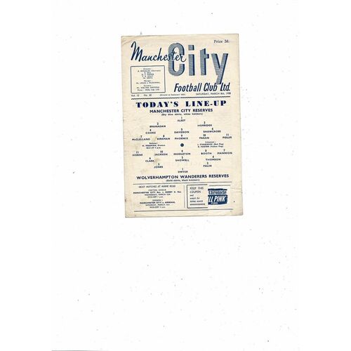 Manchester City v Wolves Central League Football Programme 1957/58