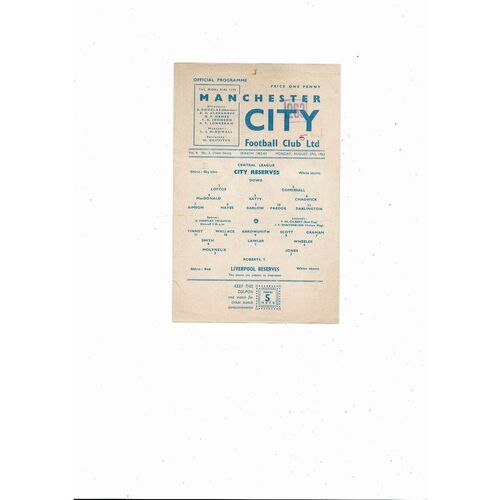 Manchester City v Liverpool Central League Football Programme 1962/63