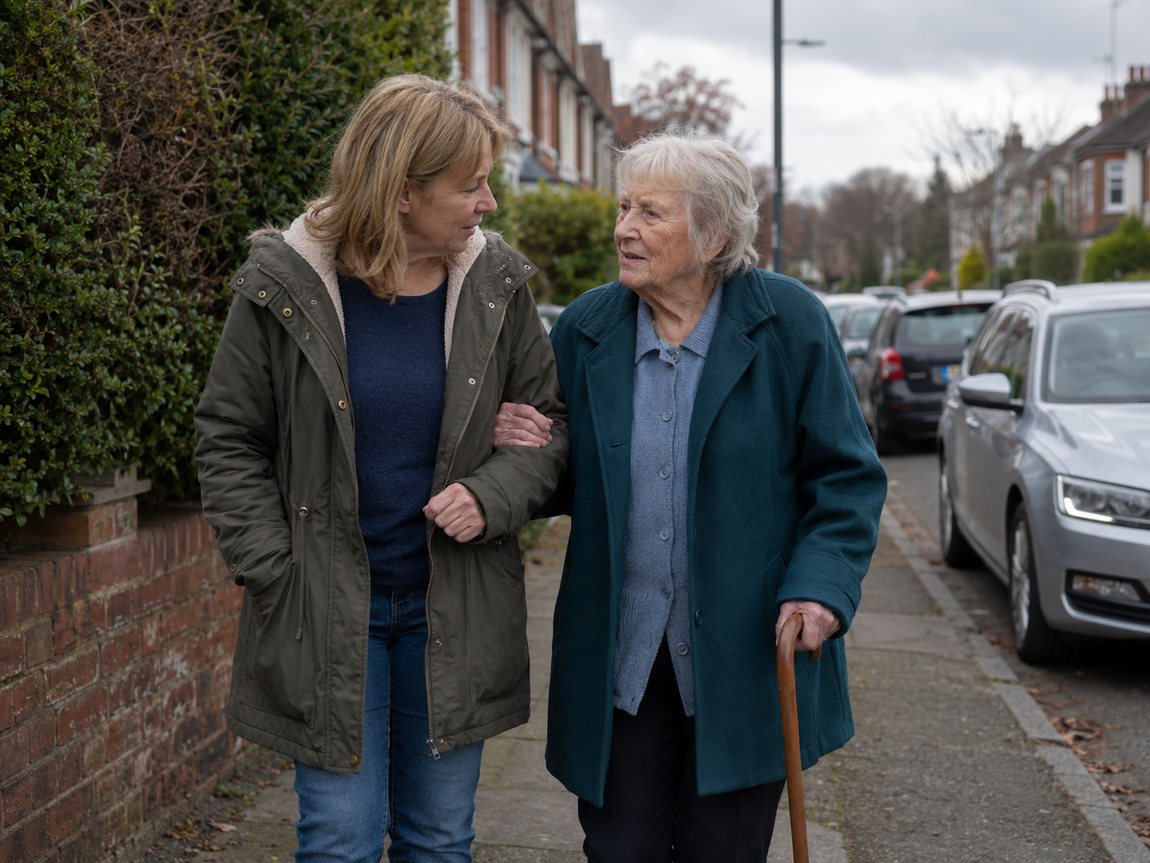 A middle-aged daughter walks arm in arm with her older mother along a quiet residential street, offering gentle support and companionship.