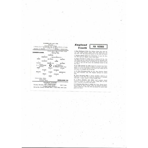 Sunderland U19 v England Youth X1 Friendly Football Programme 1966/67