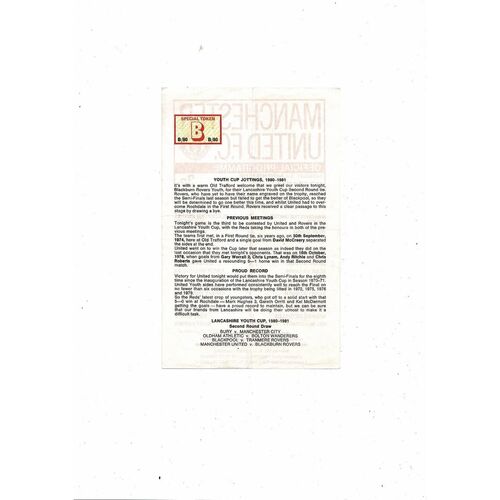 Manchester United v Blackburn Lancashire Youth Cup Football Programme 1980/81