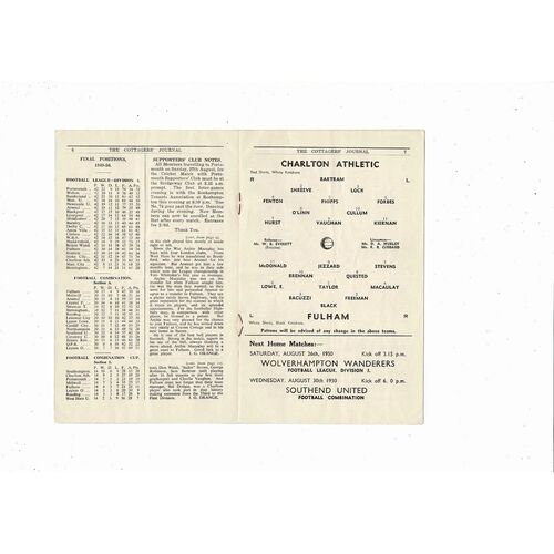 1950/51 Fulham v Charlton Athletic Football Programme
