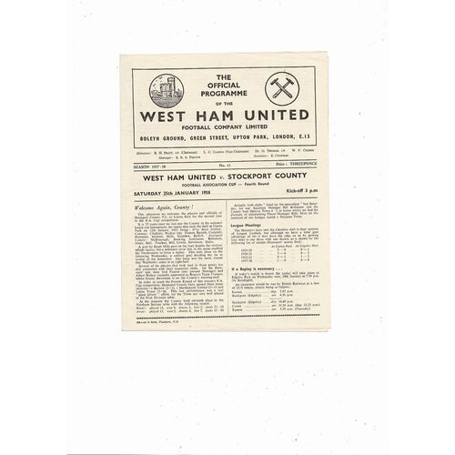 1957/58 West Ham United v Stockport County FA Cup Football Programme