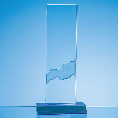 28cm Optical Crystal Deep Etched Mounted Rectangle on an Cobalt Blue Base