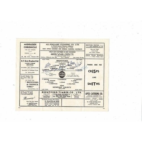 1958/59 Brentford v Newport County Football Programme. Autographed