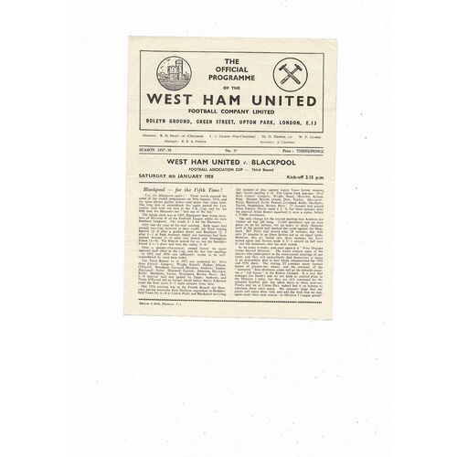 1957/58 West Ham United v Blackpool FA Cup Football Programme