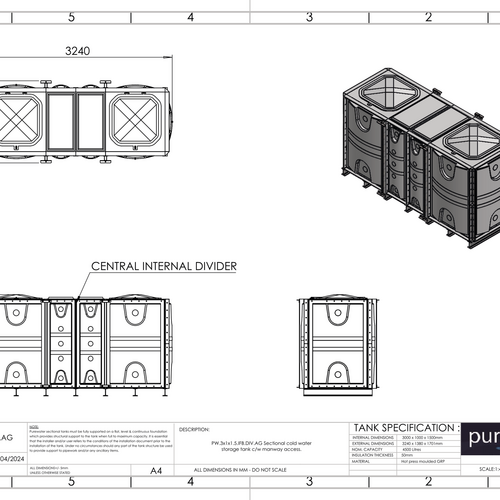 PW.3X1X1.5.IFB.DIV.AG(1.5+1.5) - 4500 LITRE DIVIDED SECTIONAL WATER TANK, INTERNALLY FLANGED BASE (IFB)