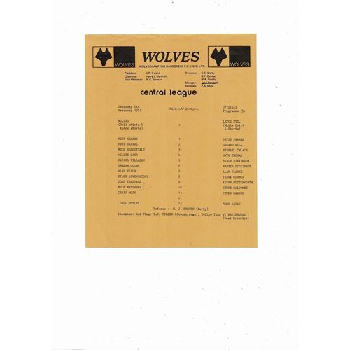 Wolves v Leeds United Central League Football Programme 1981/82