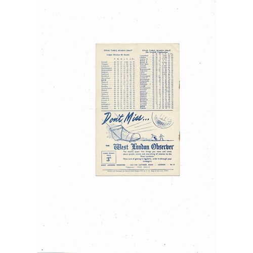 1957/58 Queens Park Rangers v Brentford Football Programme