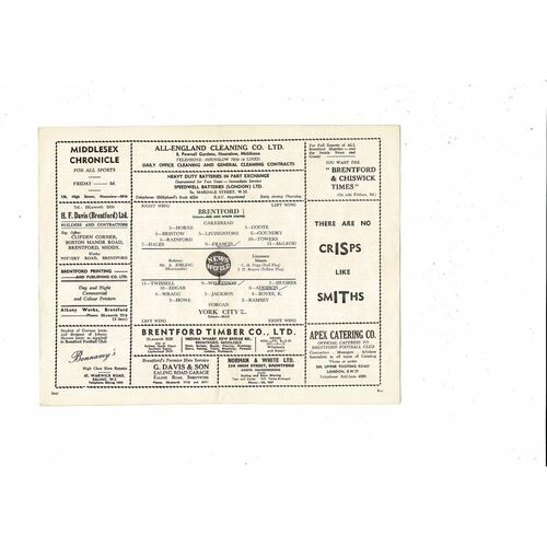 1959/60 Brentford v York City Football Programme