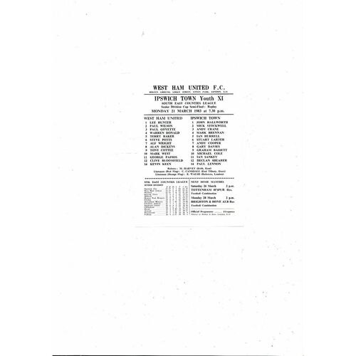 West Ham United v Ipswich Town South East Counties League Cup Semi Final Replay Programme 1982/83