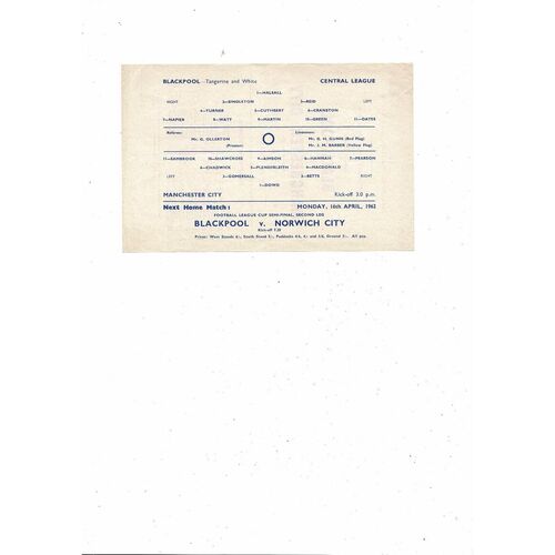 Blackpool v Manchester City Central League Football Programme 1961/62