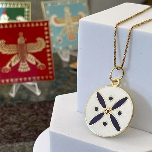 Round Pendant. The Persian Cross. Deep Purple on White with 1 Central Red Stone.