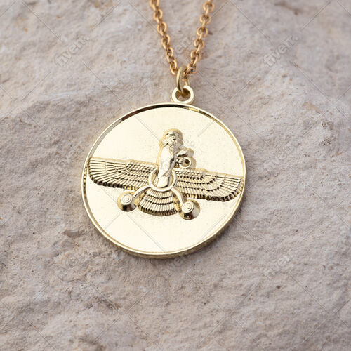 Round Pendant. Vintage Gold Finish Farvahar Design.