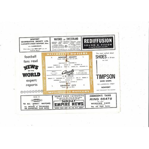 1956/57 Newport County v Coventry City Football Programme March