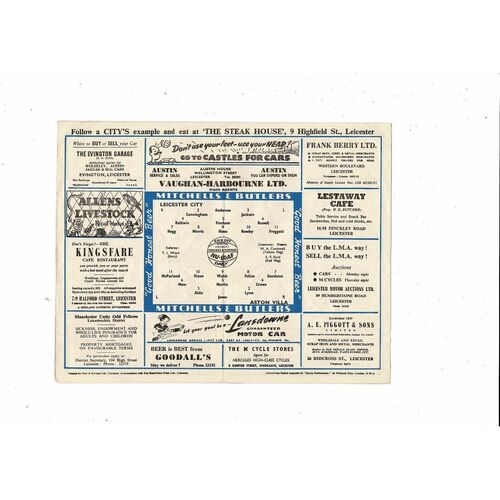 1954/55 Leicester City v Aston Villa Football Programme