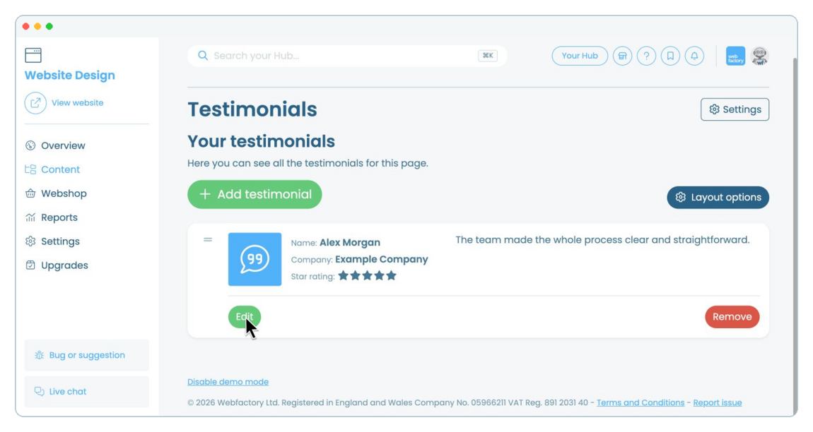 How to add and manage testimonials on a website page | Webfactory Support | Webfactory