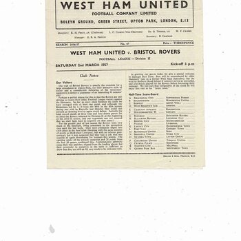 1956/57 West Ham United v Bristol Rovers Football Programme