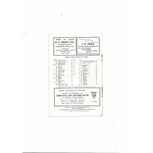 1956/57 Newport County v Torquay United Football Programme