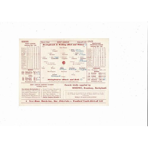 1957/58 Bexleyheath & Welling v Sittingbourne Kent League Football Programme