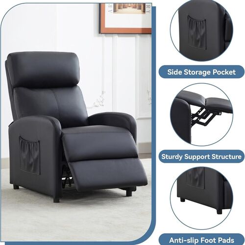 mcc direct Push Back Recliner Chair, PU Leather Single Sofa with Lumbar Support, Padded Backrest, Side Pocket and Adjustable Leg Rest for Home Living Room Theatre (Shadow Black)