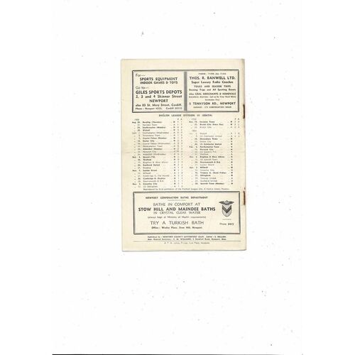 1953/54 Newport County v Shrewsbury Town Football Programme