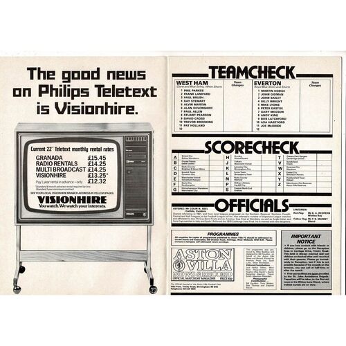 1980 West Ham United v Everton FA Cup Semi Final Football Programme @ Villa