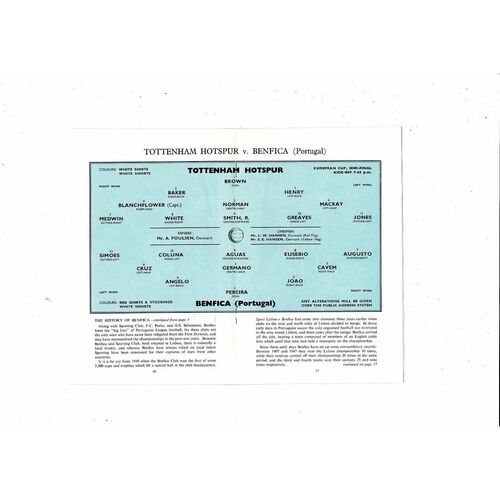 1961/62 Tottenham Hotspur v Benfica European Cup Semi Final Football Programme