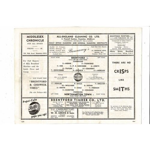 1956/57 Brentford v Northampton Town Football Programme