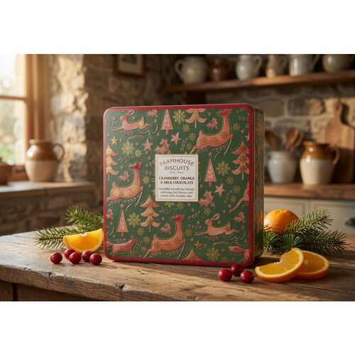 FARMHOUSE BISCUITS Cranberry, Orange & Milk Chocolate Biscuits in Winter Animals Tin 250g